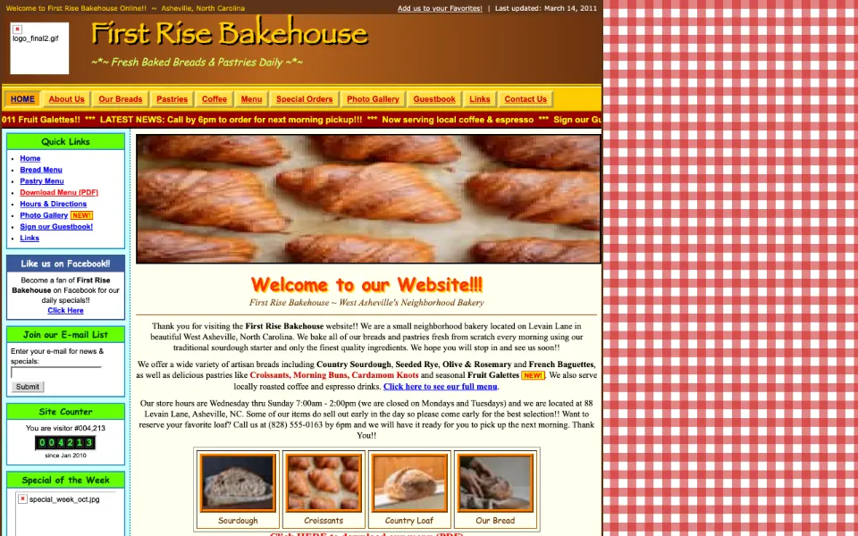 The old First Rise Bakehouse page: a cluttered, dated template with tiny text, clashing colours and a blurry banner.
