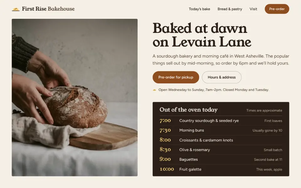 The new First Rise Bakehouse page: a calm layout with a large photo of a sourdough loaf, today’s bake times and a pre-order button.